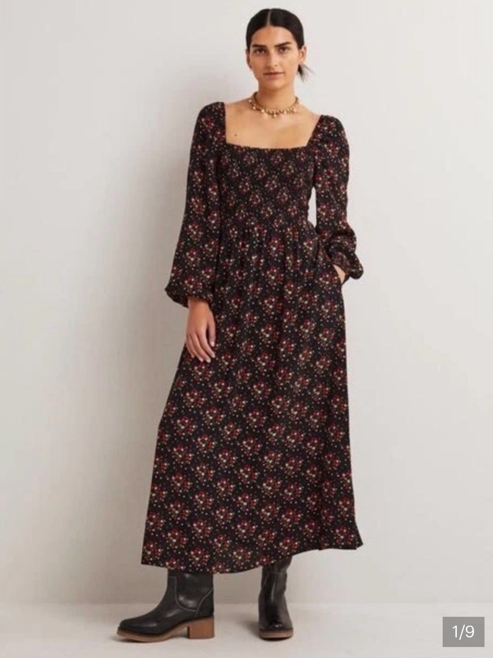 Boden Black Floral Square-Neck Maxi Dress